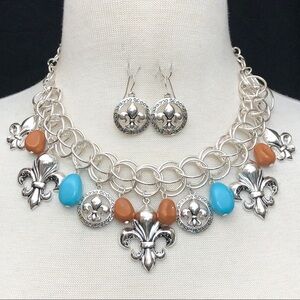 Large Fleur De Lis Brown & Blue Bead Charm Chunky Silver Necklace Earrings Set